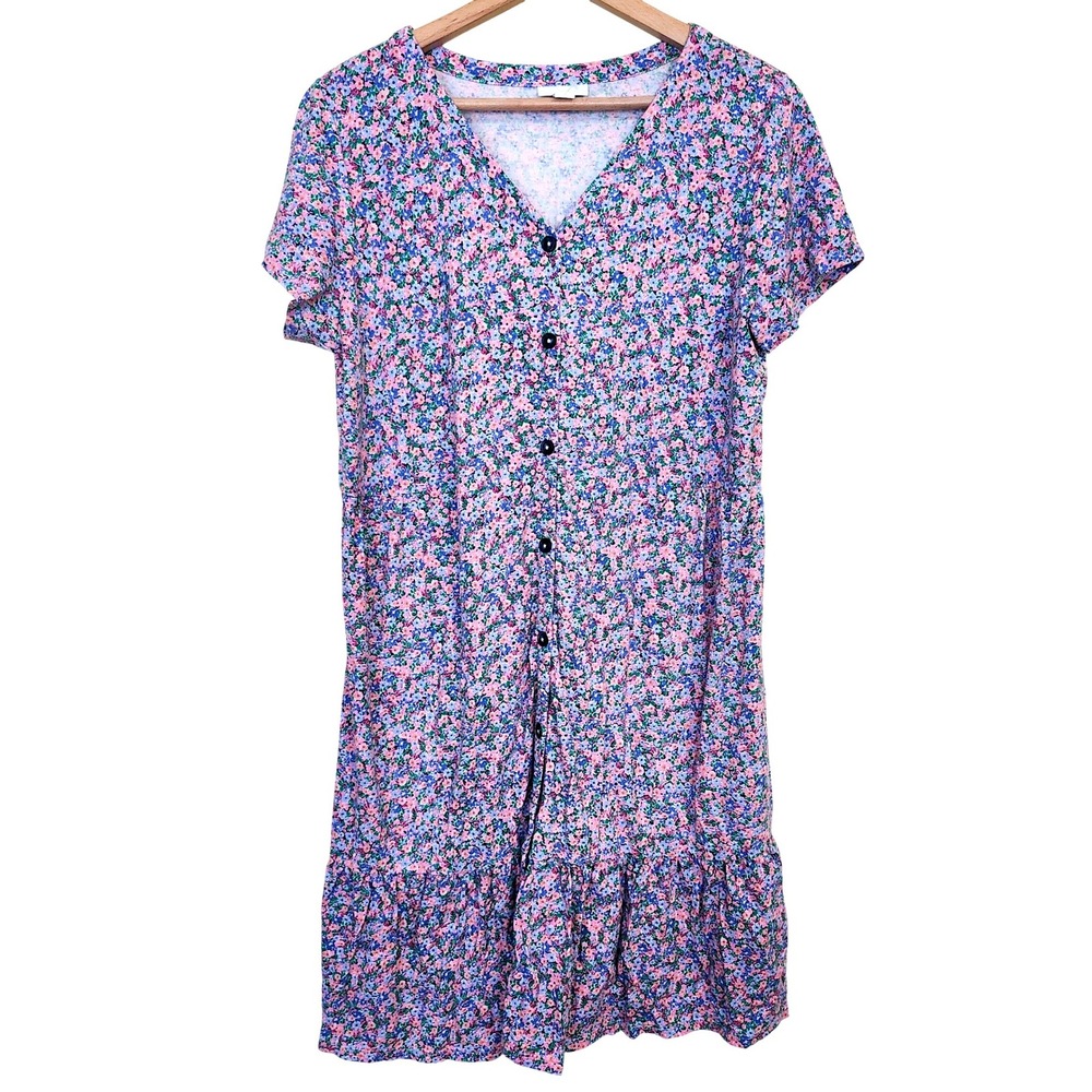 J.Jill‎ Button Front Dress Women Size M Blue Floral Short Sleeve Tiered Mini